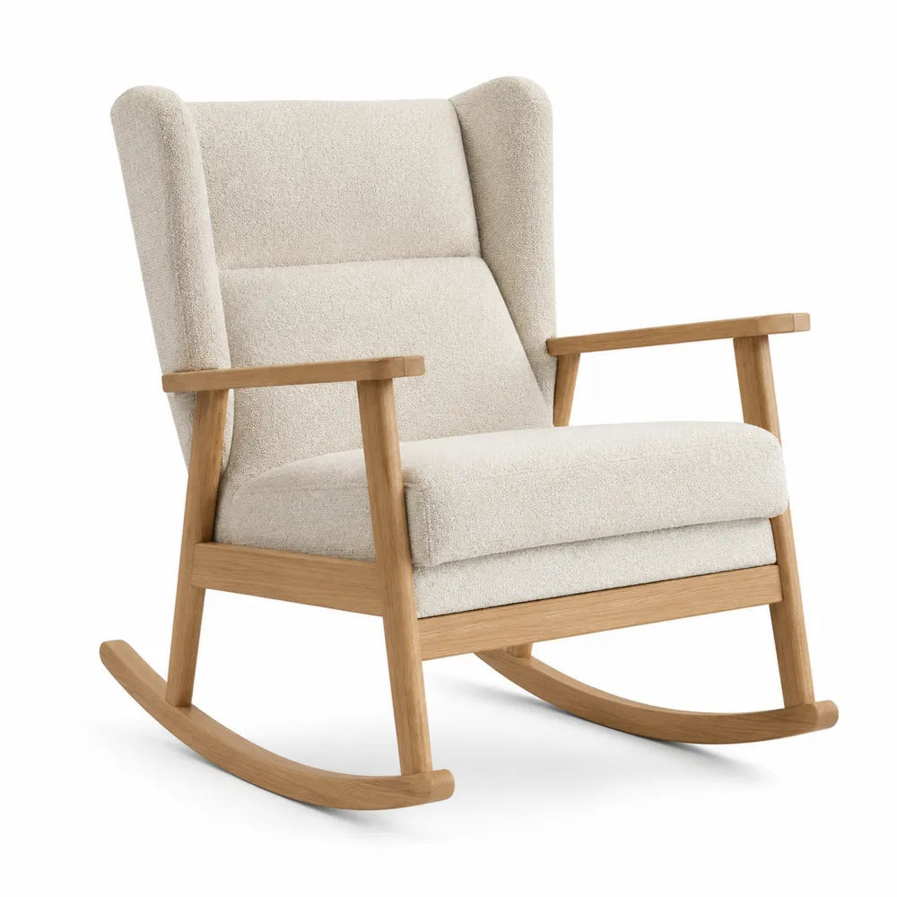Sedia a dondolo in legno con tessuto beige