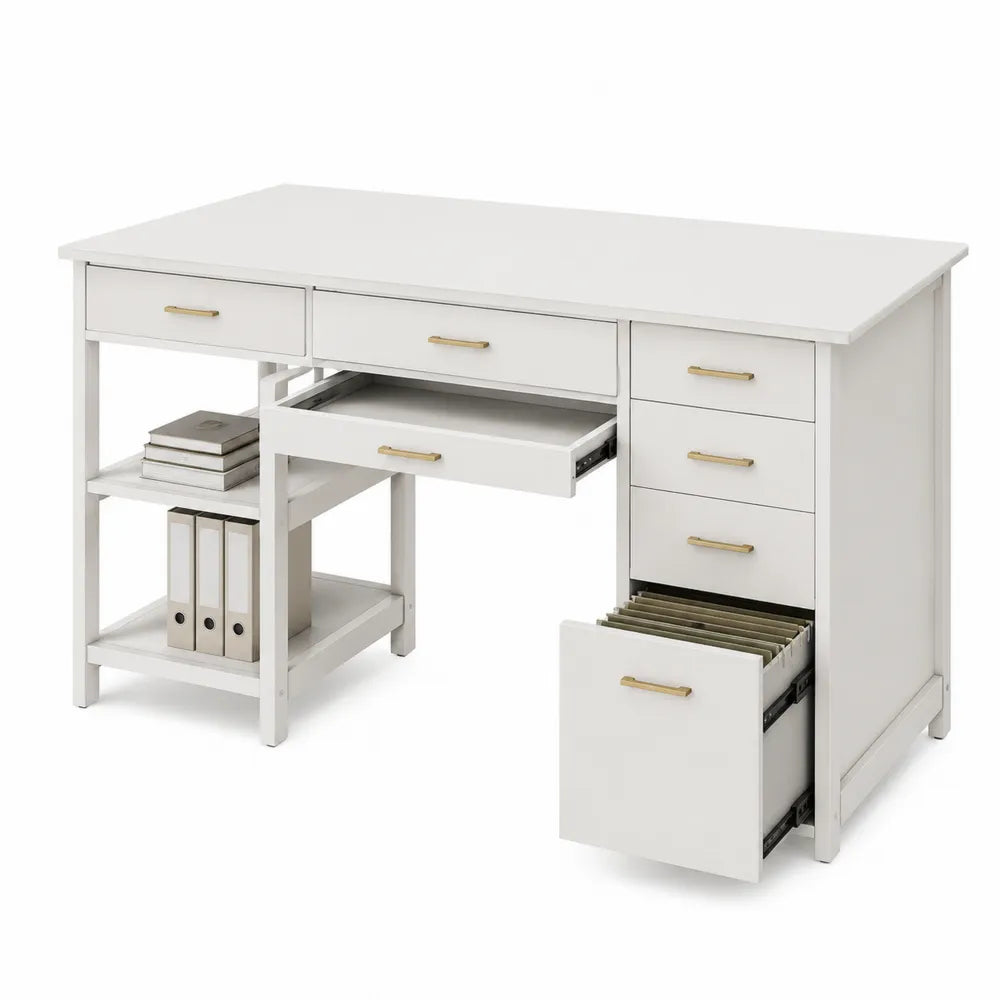 Scrivania bianca con cassetti in legno