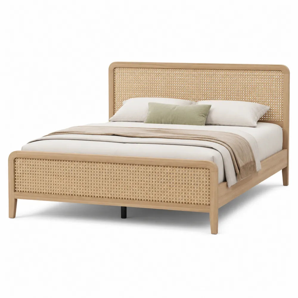 Letto matrimoniale in legno e rattan intrecciato, beige