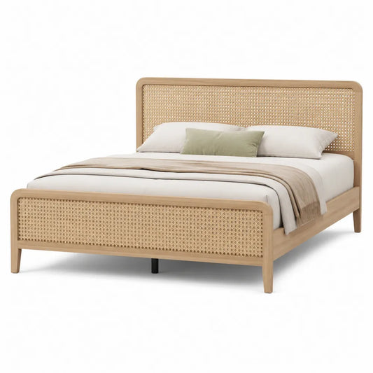 Letto matrimoniale in legno e rattan intrecciato, beige