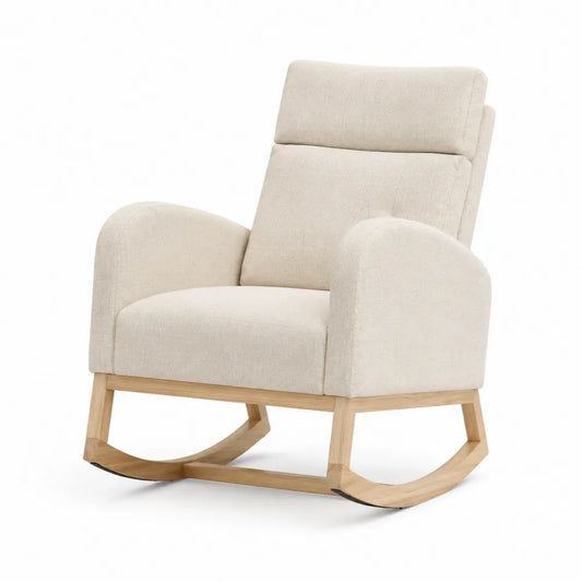 Poltrona a dondolo in legno e tessuto di lino beige
