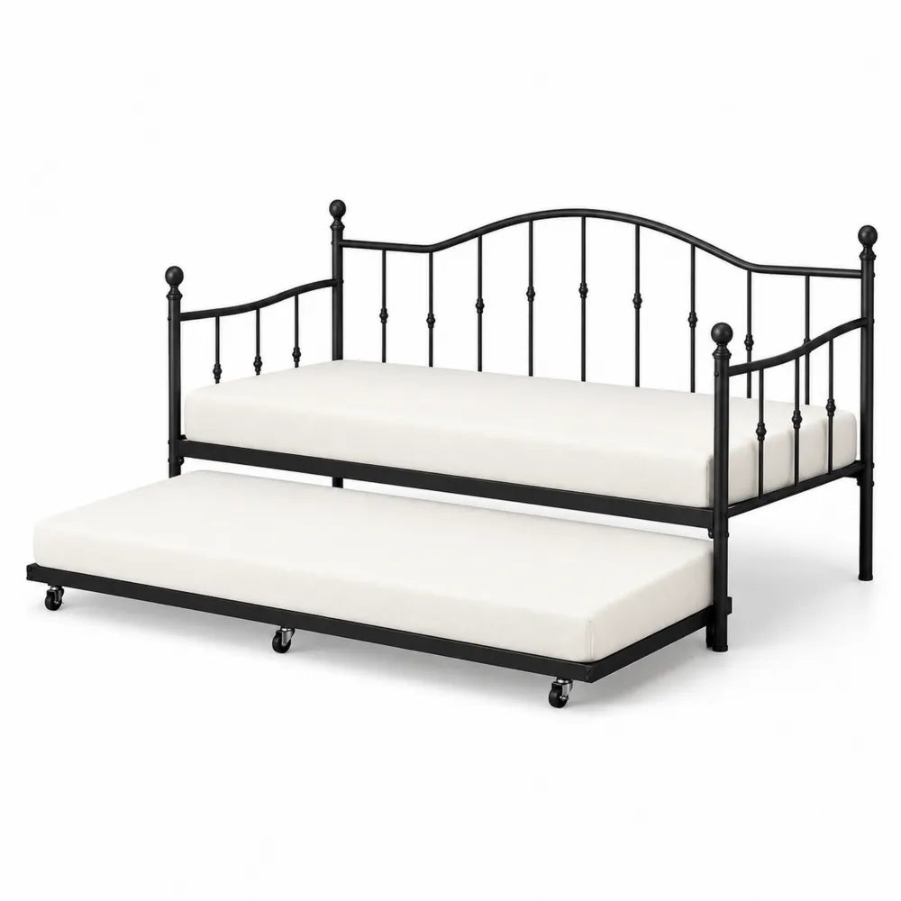 Letto in metallo nero con rete estraibile e materassi in schiuma