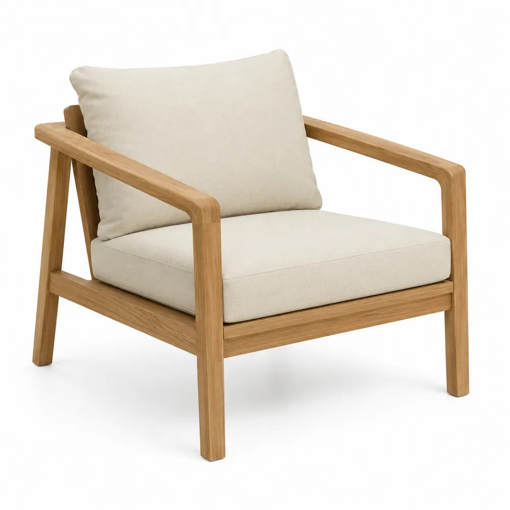 Poltrona da esterno in legno con cuscini in poliestere beige