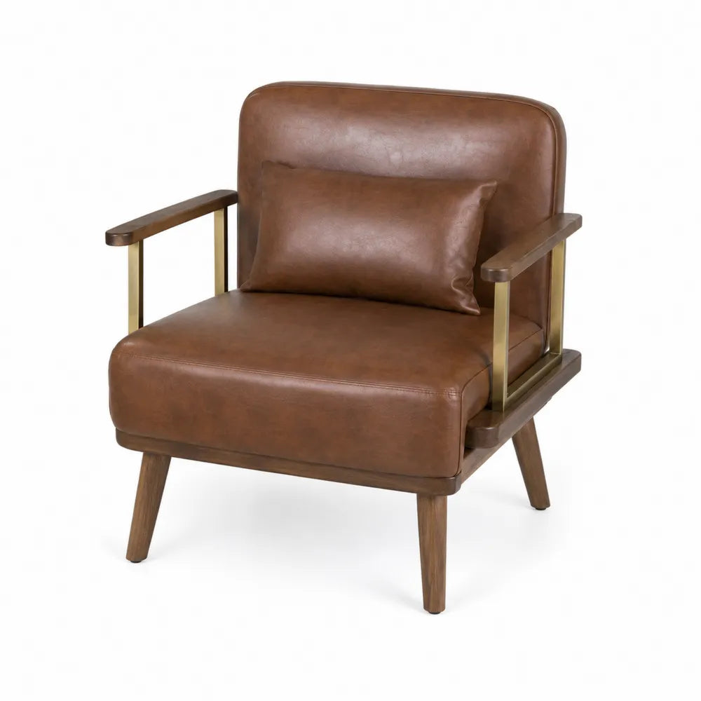 Poltrona in Pelle PU Marrone con Struttura in Legno e Metallo