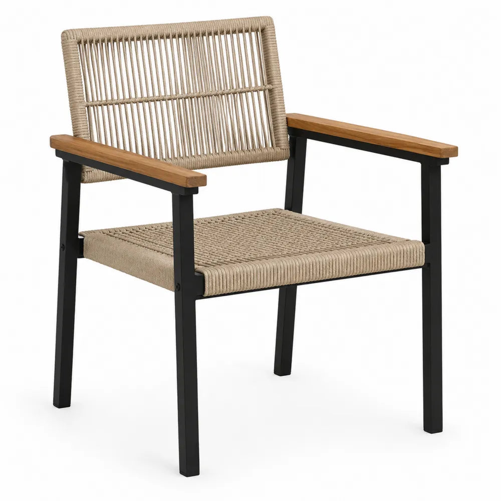 Sedia da esterno in metallo e corda beige con braccioli in legno