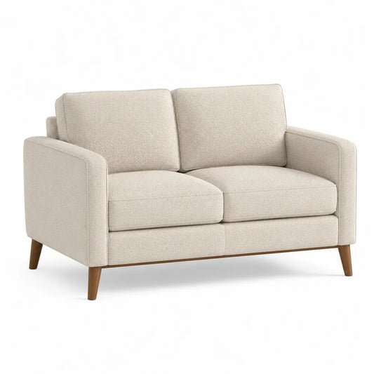 Divano a 2 posti in tessuto poliestere beige con gambe in legno massello