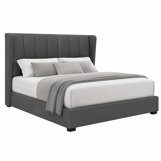 Letto matrimoniale in tessuto grigio con testiera alta