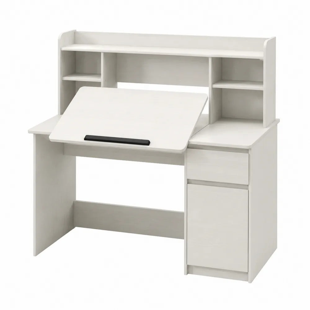 Scrivania angolare bianca in legno MDF con scaffali e piano inclinabile