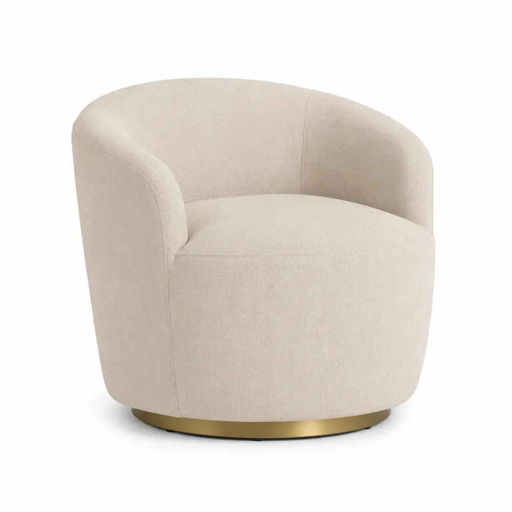 Poltrona girevole in tessuto beige con base in metallo dorato