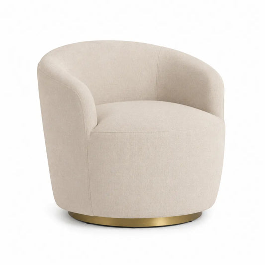 Poltrona girevole in tessuto beige con base in metallo dorato