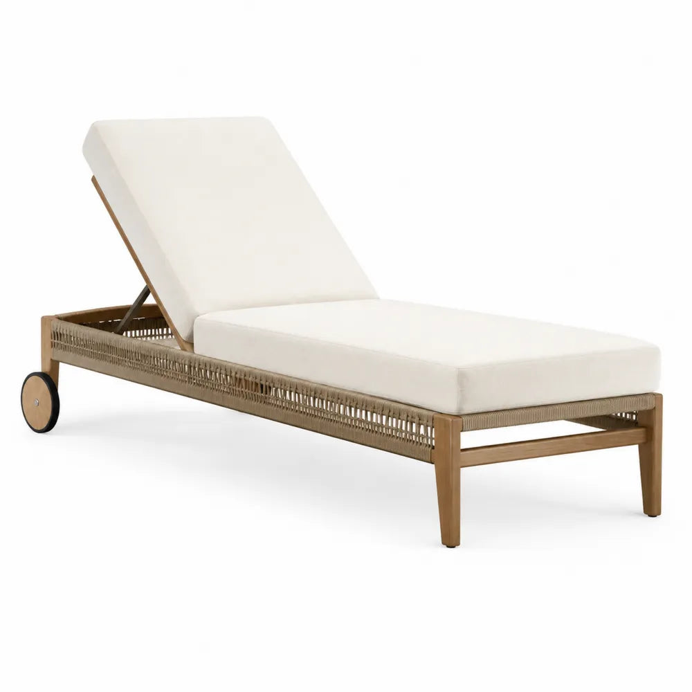 Lettino prendisole in legno teak con cuscino in poliestere crema