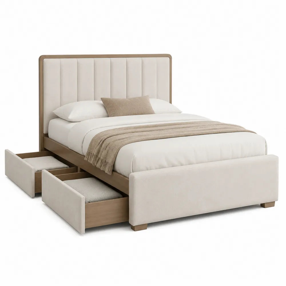 Letto matrimoniale in legno e tessuto beige con cassetti 200x160x120 cm