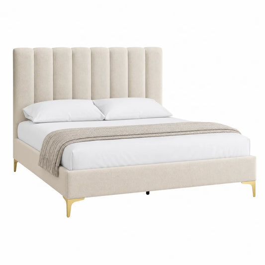 Letto Matrimoniale in Tessuto Beige con Testiera Imbottita