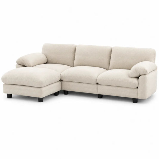 Divano angolare in tessuto beige con struttura in legno 290x160x85 cm
