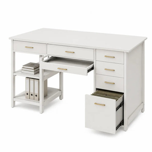 Scrivania bianca con cassetti in legno