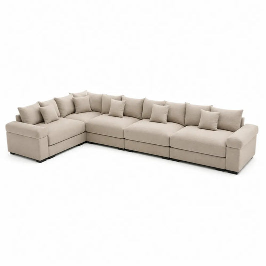 Divano angolare modulare in tessuto lino beige, 300x200x90 cm