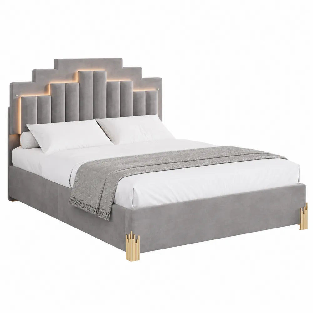 Letto matrimoniale in velluto grigio con gambe in legno e LED 200x160 cm