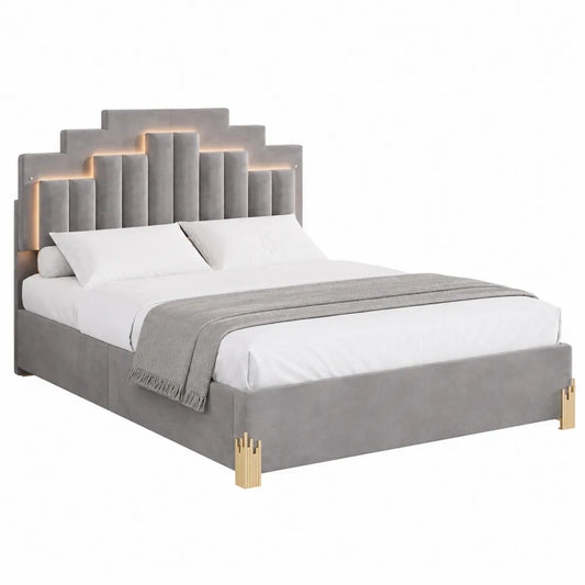 Letto matrimoniale in velluto grigio con gambe in legno e LED 200x160 cm